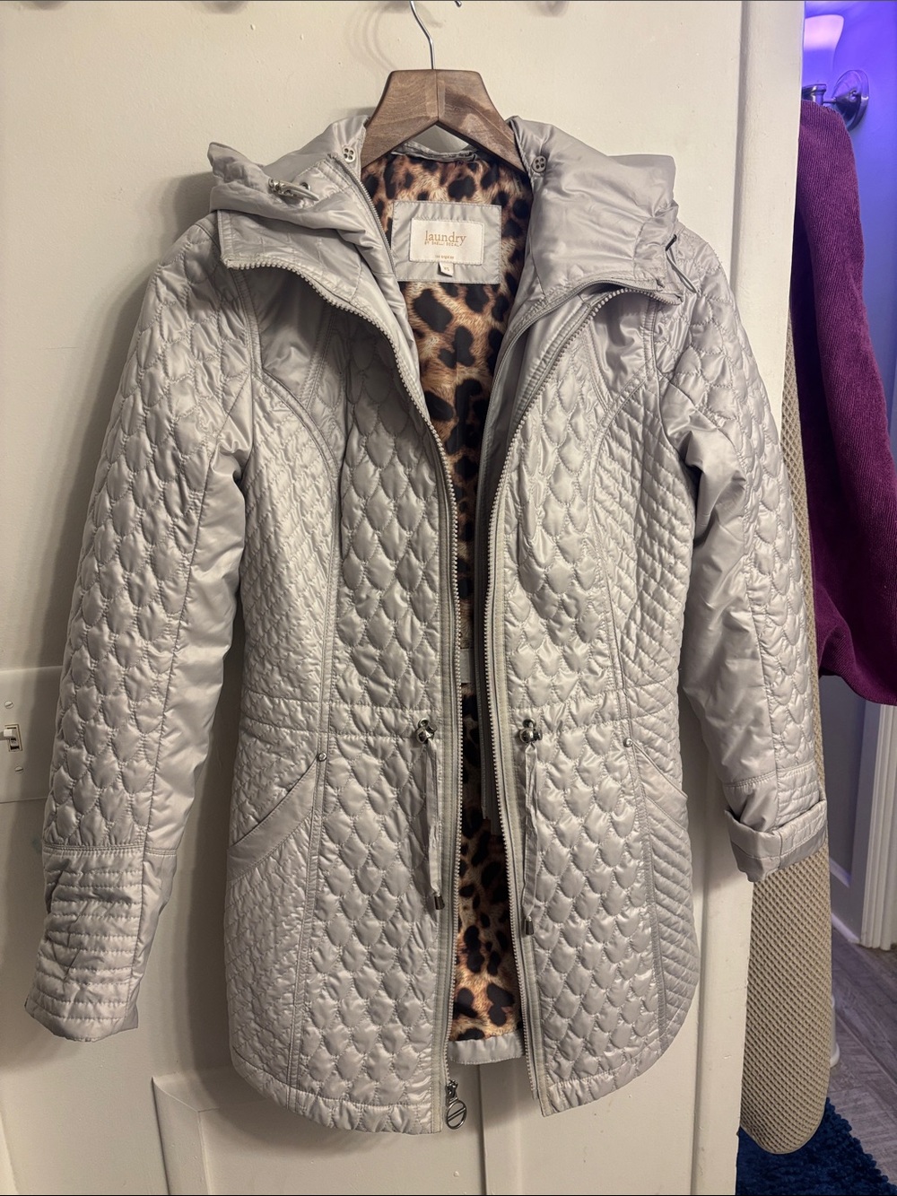 Laundry By Shelli Segal Light Gray Quilted Hooded Puffer Coat